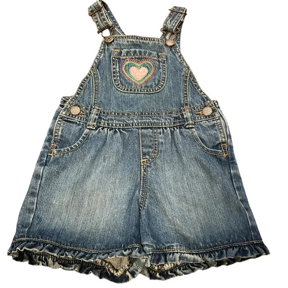 OshKosh Ruffled Heart Embroidered Shortall Overall Bob Vestbak 2T - Picture 1 of 8